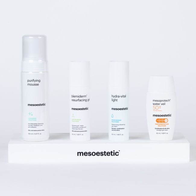 mesoestetic acne prone skin kit, purifying mousse, hydra-vital light, blemiderm resurfacing gel and water veil SPF50+