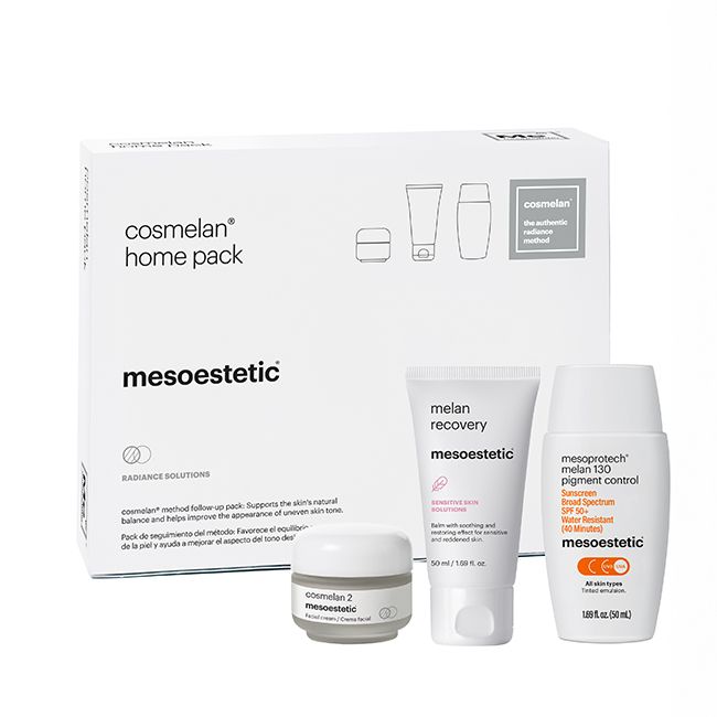 mesoestetic cosmelan home pack containing cosmelan 2, melan recovery and mesoprotech melan 130 pigment control